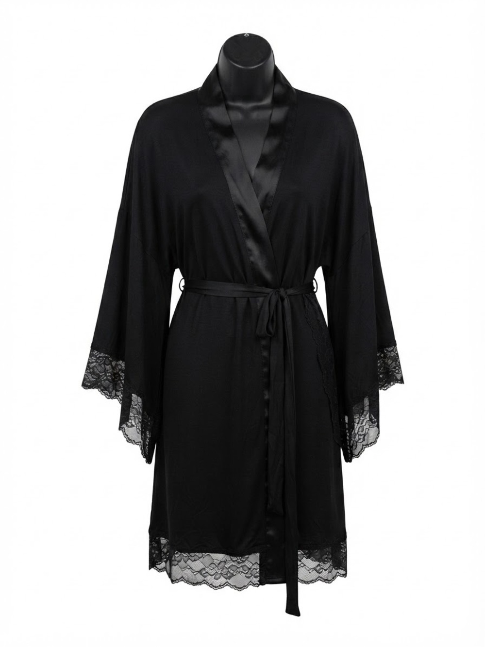 Victoria's Secret Luxe Satin Lace trim Robe in black medium large